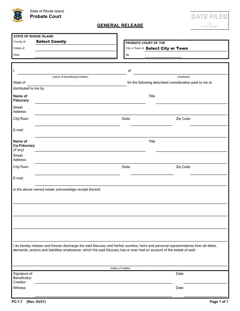 General Release {PC-7.7} | Pdf Fpdf Docx | Rhode Island