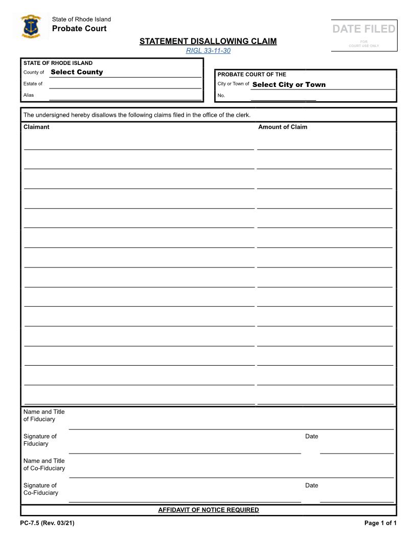 Statement Disallowing Claims {PC-7.5} | Pdf Fpdf Doc Docx | Rhode Island