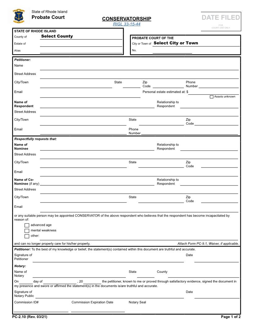 Conservatorship {PC-2.10} | Pdf Fpdf Docx | Rhode Island