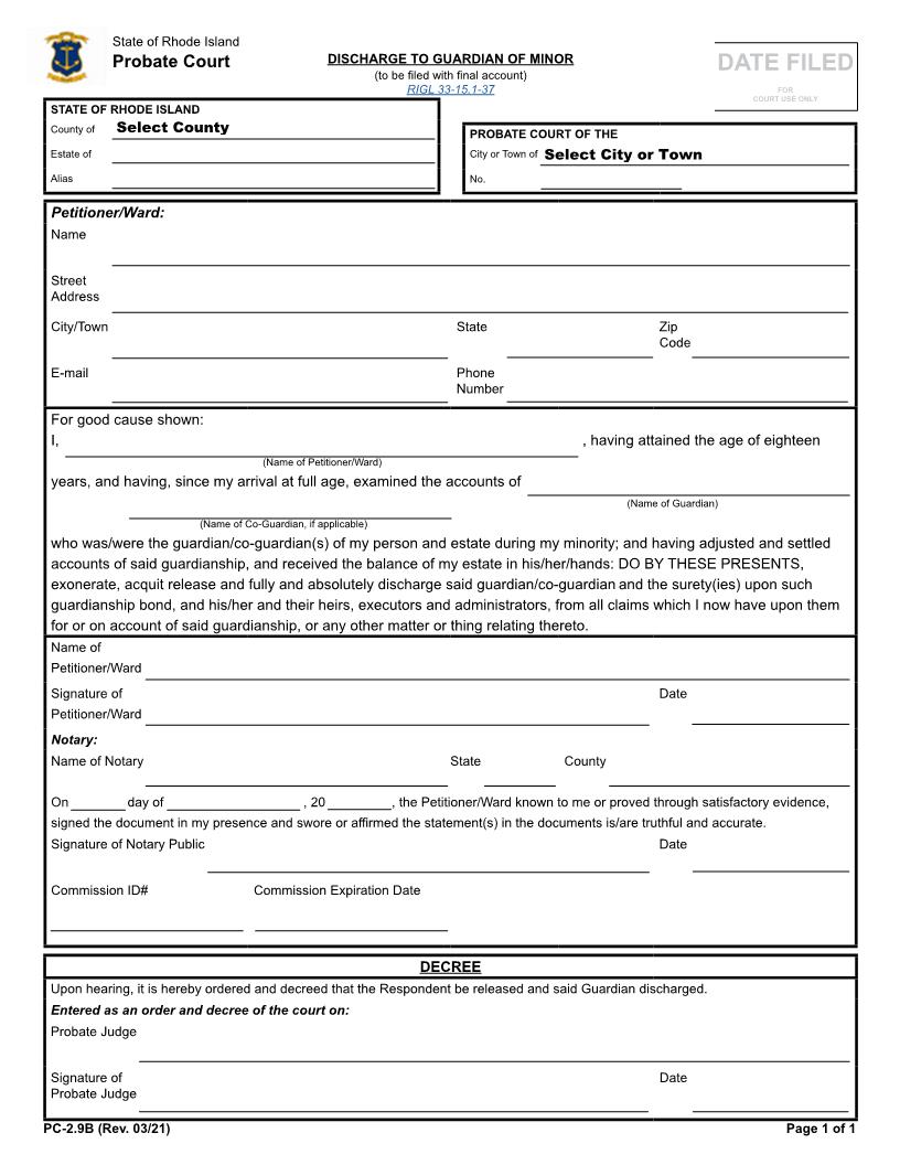 Discharge To Guardian Of Minor {PC-2.9B} | Pdf Fpdf Docx | Rhode Island