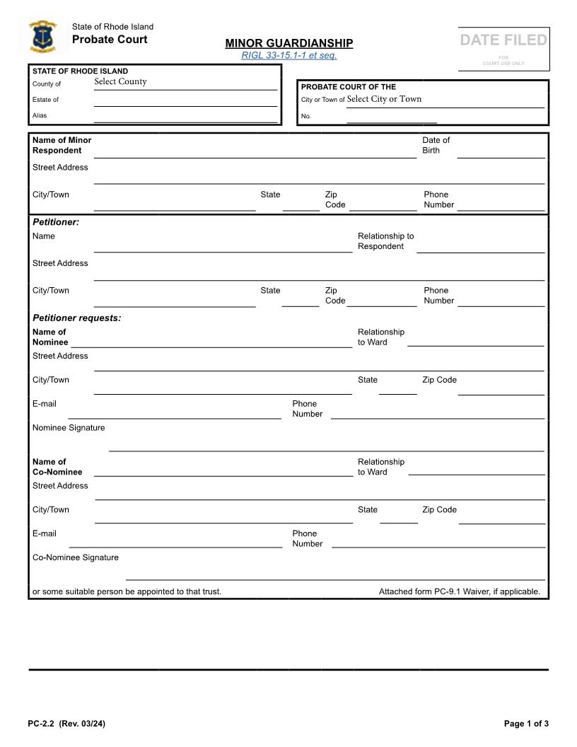 Minor Guardianship {PC-2.2} | Pdf Fpdf Docx | Rhode Island