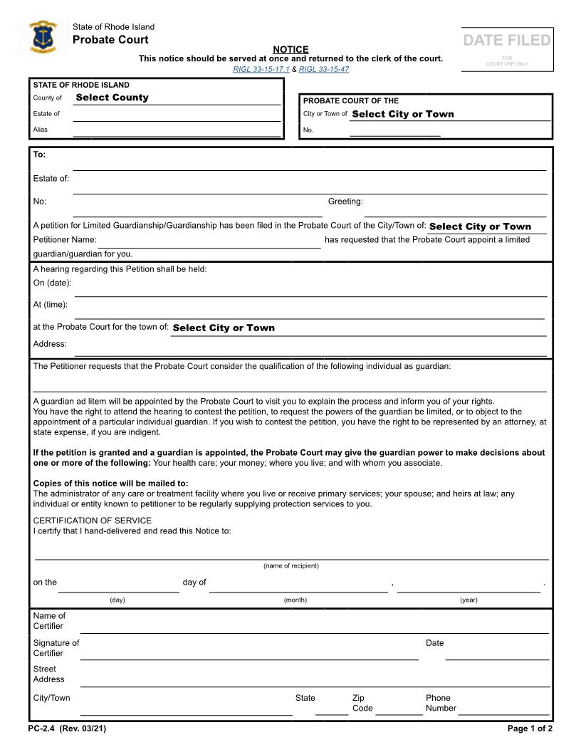 Notice Of Limited Guardianship Or Guardianship {PC-2.4} | Pdf Fpdf Docx | Rhode Island