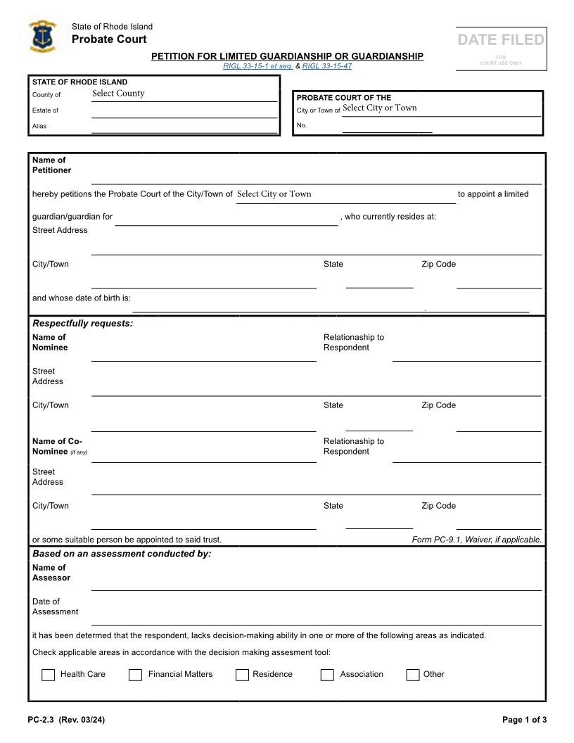 Petition For Limited Guardianship Or Guardianship {PC-2.3} | Pdf Fpdf Docx | Rhode Island
