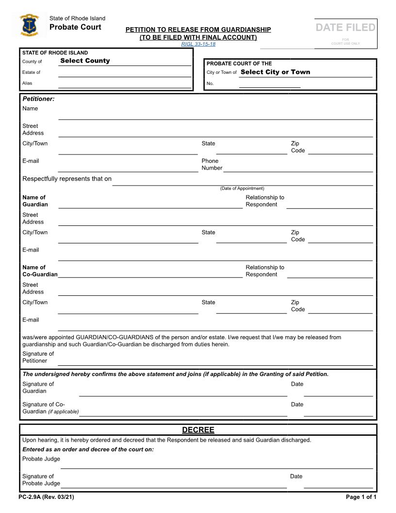 Petition For Release From Guardianship {PC-2.9A} | Pdf Fpdf Docx | Rhode Island