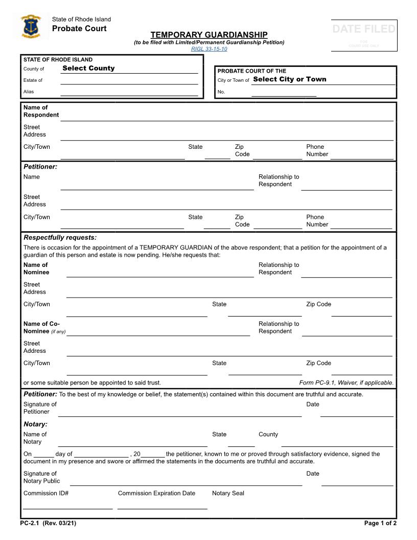 Temporary Guardianship {PC-2.1} | Pdf Fpdf Docx | Rhode Island