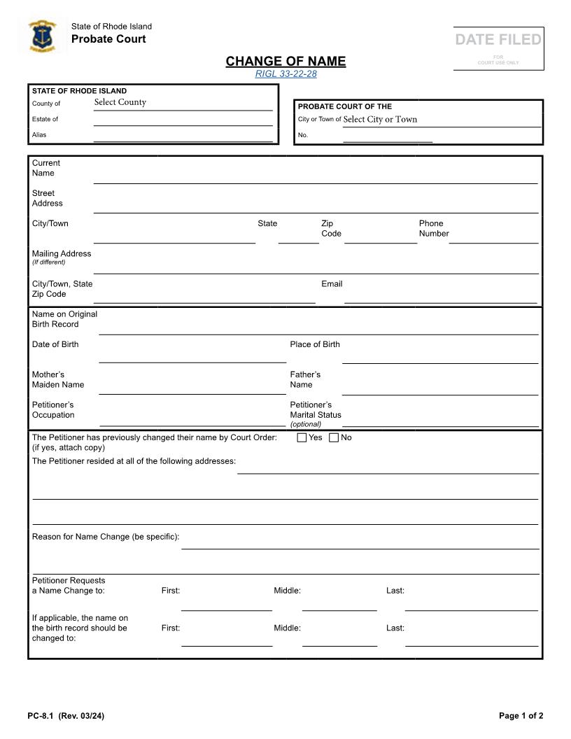 Change Of Name {PC-8.1} | Pdf Fpdf Docx | Rhode Island