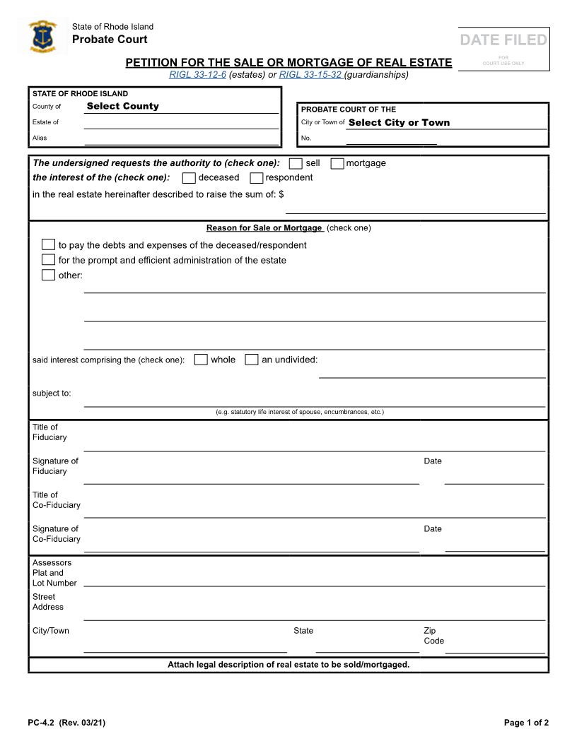 Petition For Sale Or Mortgage Of Real Estate {PC-4.2} | Pdf Fpdf Docx | Rhode Island