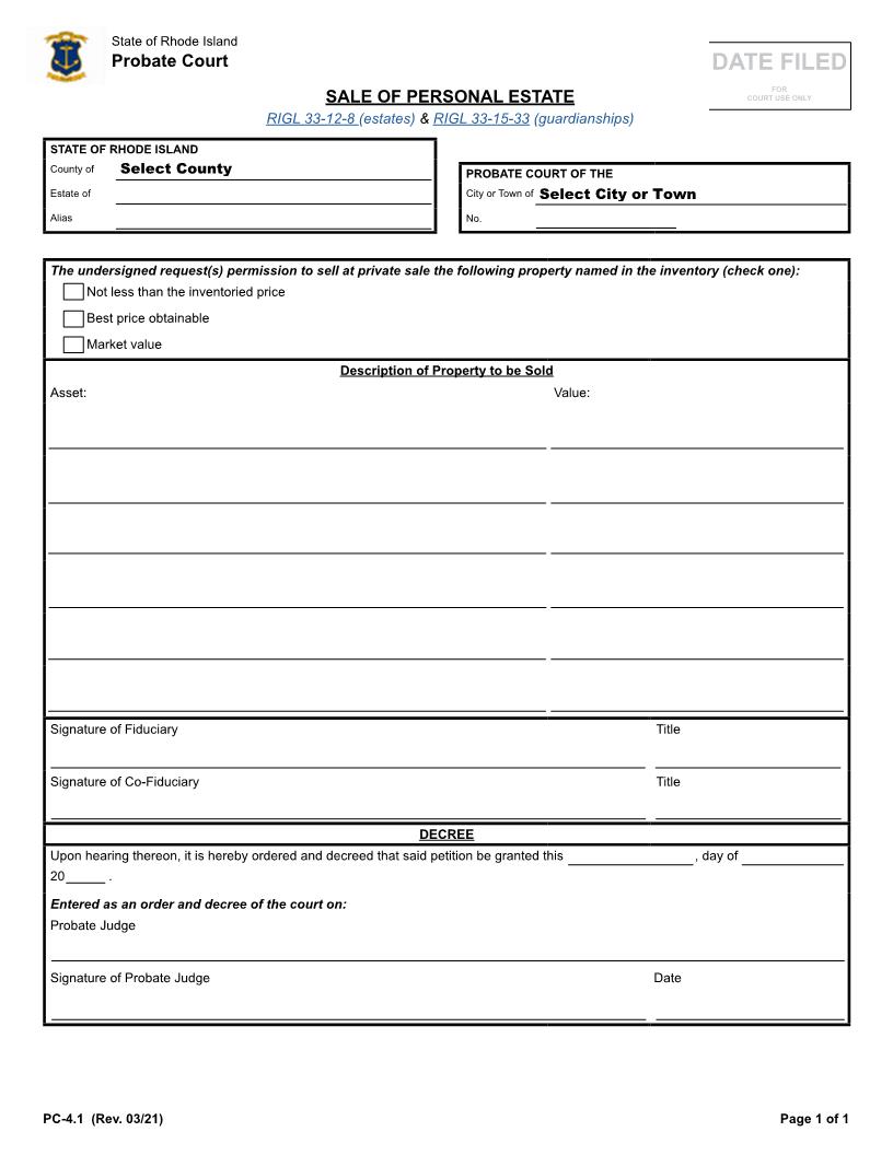 Sale Of Personal Estate {PC-4.1} | Pdf Fpdf Docx | Rhode Island