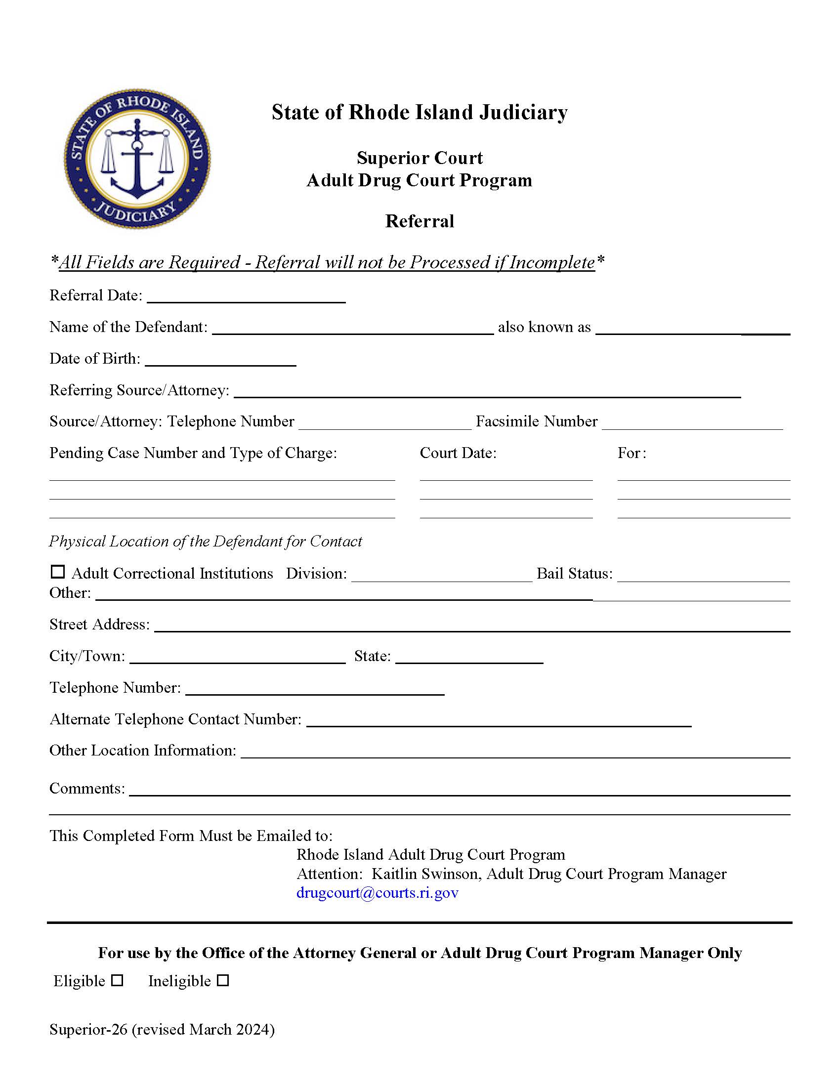 Adult Drug Court Referral Form {Superior-26} | Pdf Fpdf Docx | Rhode Island