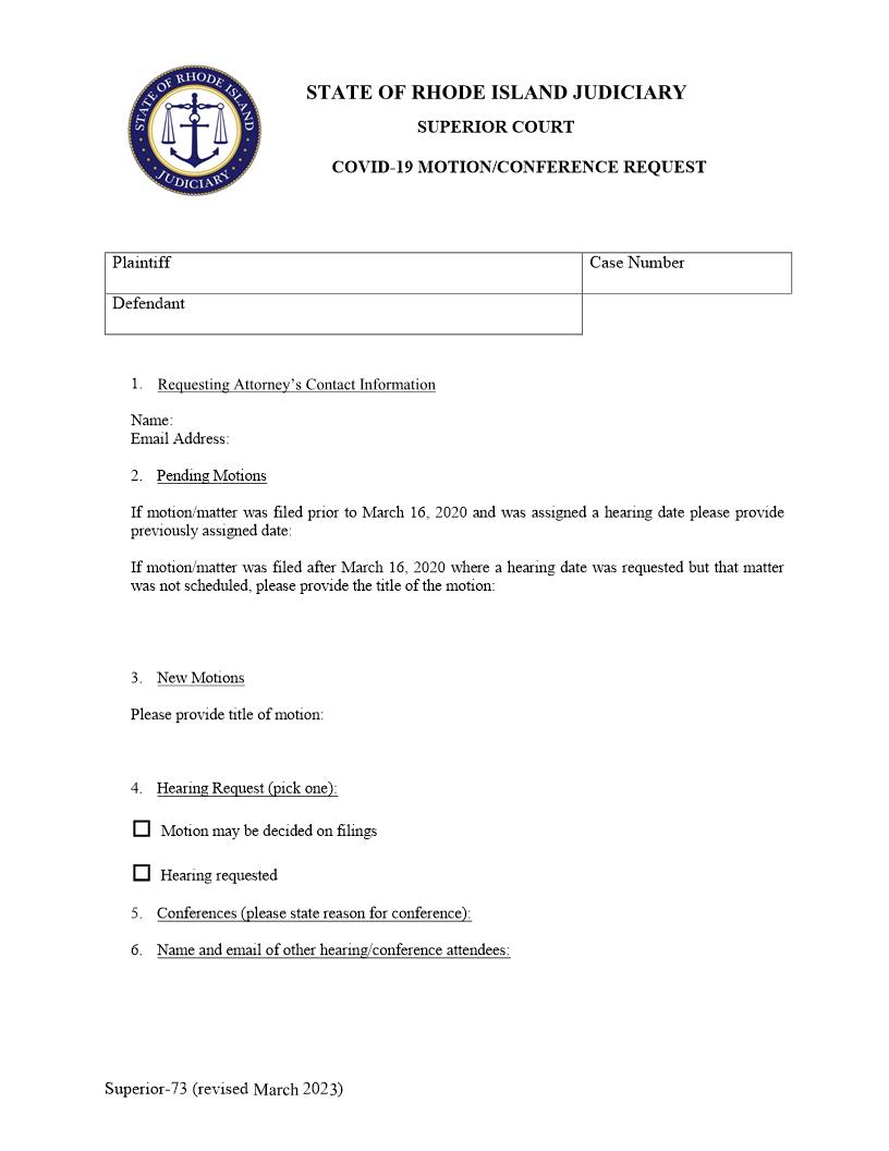 COVID-19 Conference or Hearing Request {Superior-73} | Pdf Fpdf Docx | Rhode Island