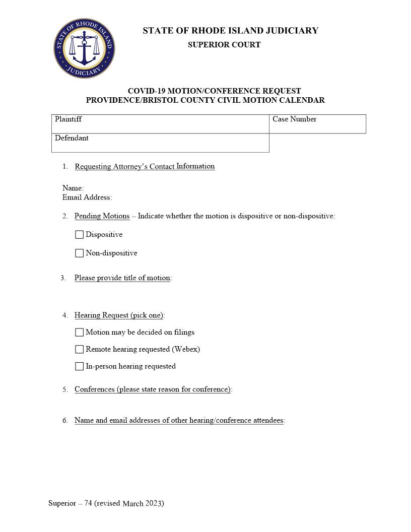 COVID-19 Motion or Conference Request {Superior-74} | Pdf Fpdf Docx | Rhode Island