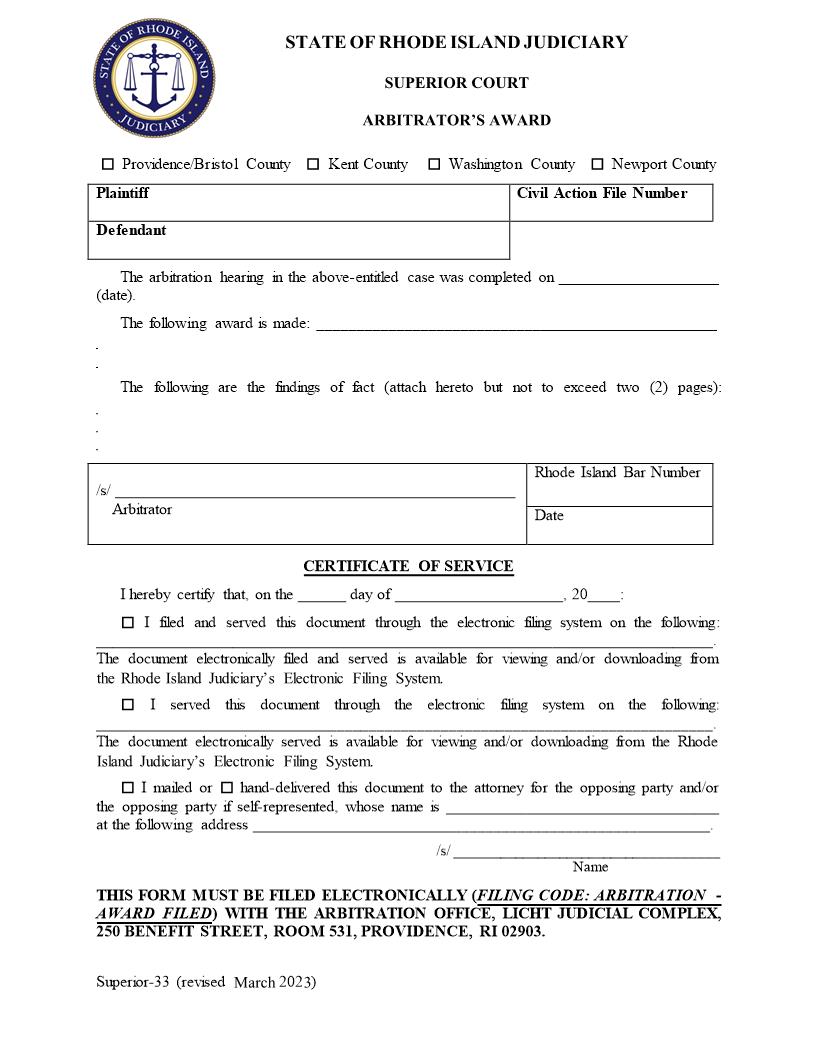 Arbitrators Award {Superior-33} | Pdf Fpdf Doc Docx | Rhode Island