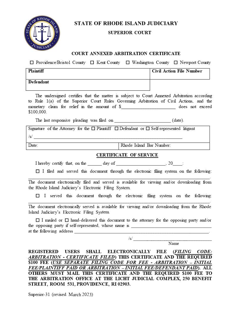 Court Annexed Arbitration Certificate {Superior-31} | Pdf Fpdf Doc Docx | Rhode Island