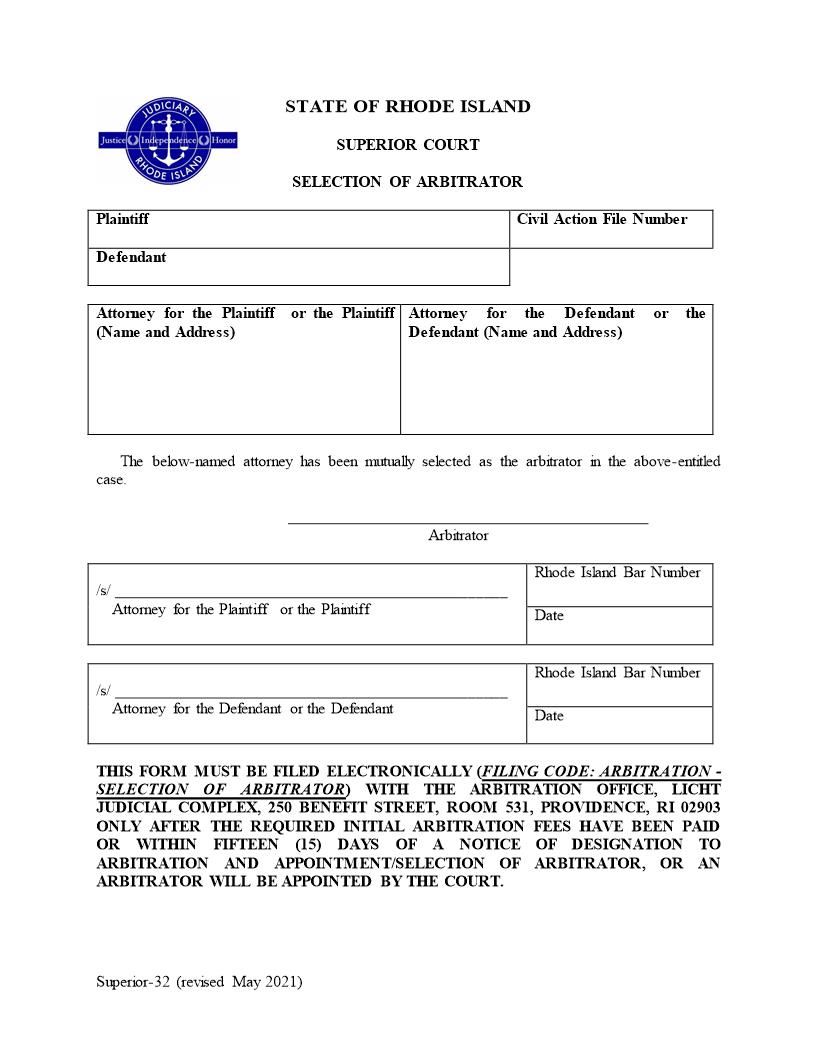 Selection of Arbitrator {Superior-32} | Pdf Fpdf Doc Docx | Rhode Island