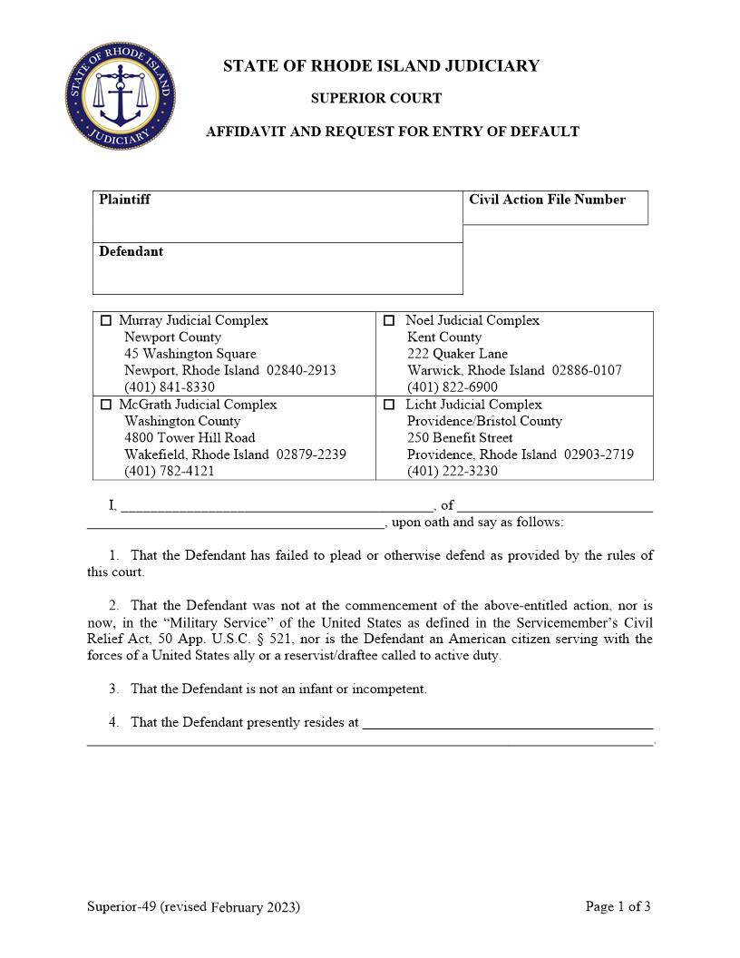 Affidavit And Request For Entry Of Default {Superior-49} | Pdf Fpdf Doc Docx | Rhode Island