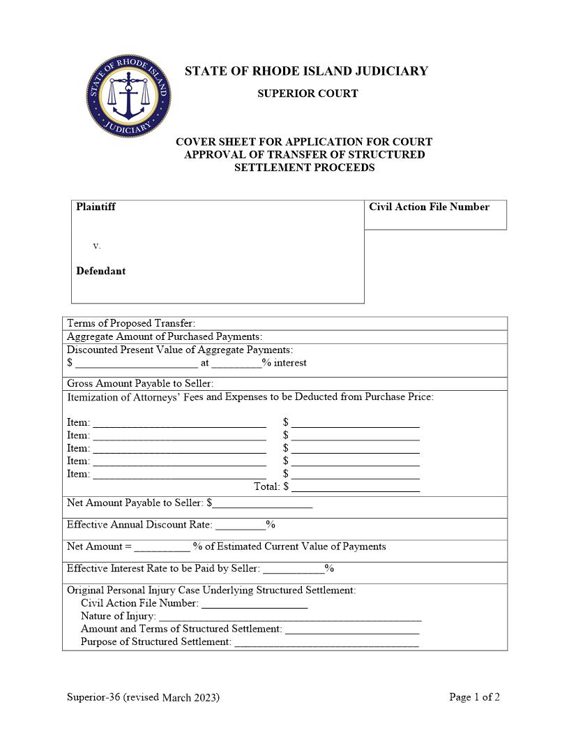 Cover Sheet For Application For Court Approval Of Transfer {Superior-36} | Pdf Fpdf Doc Docx | Rhode Island