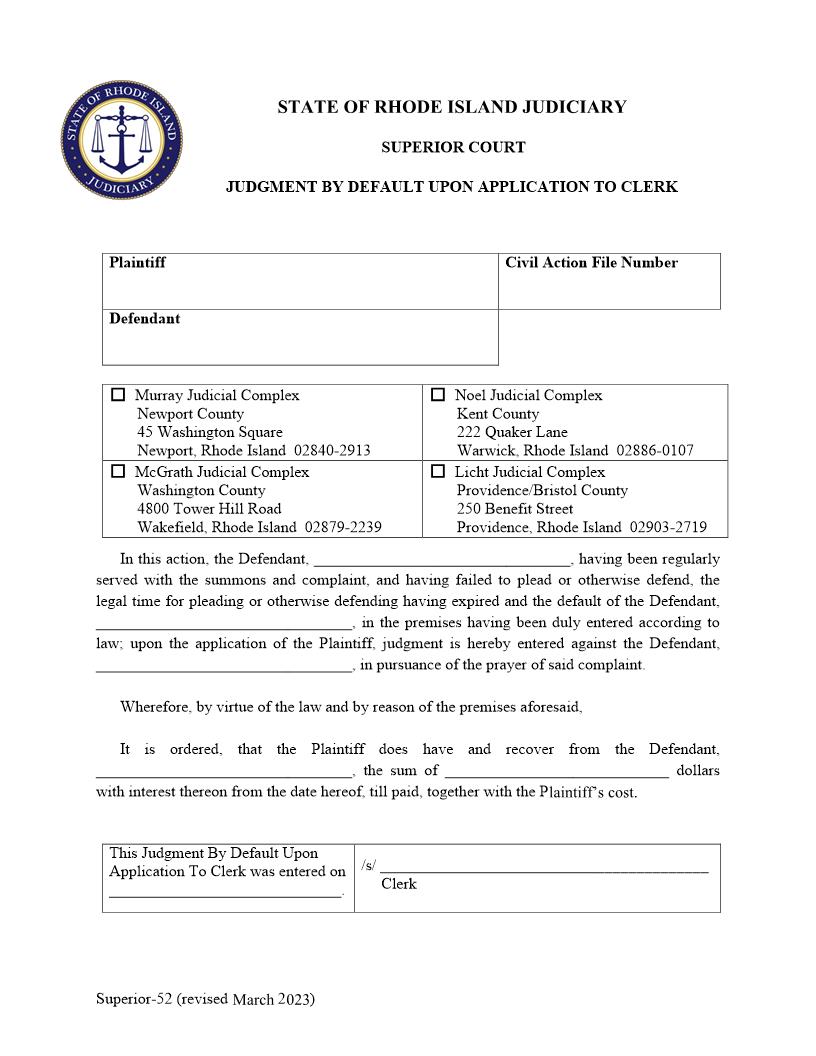 Judgment By Default Upon Application To Clerk {Superior-52} | Pdf Fpdf Doc Docx | Rhode Island
