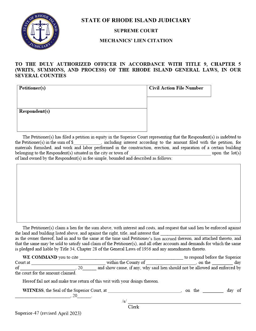 Mechanics Lien Citation {Superior-47} | Pdf Fpdf Doc Docx | Rhode Island