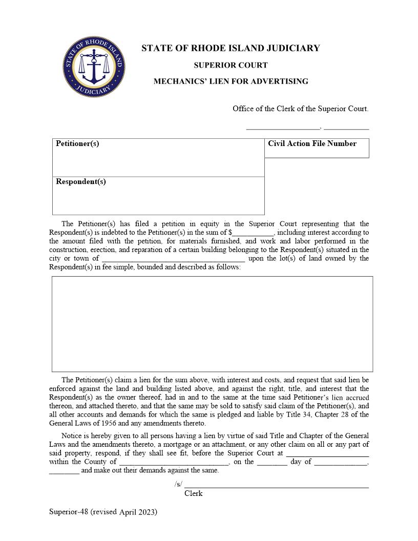Mechanics Lien For Advertising {Superior-48} | Pdf Fpdf Doc Docx | Rhode Island