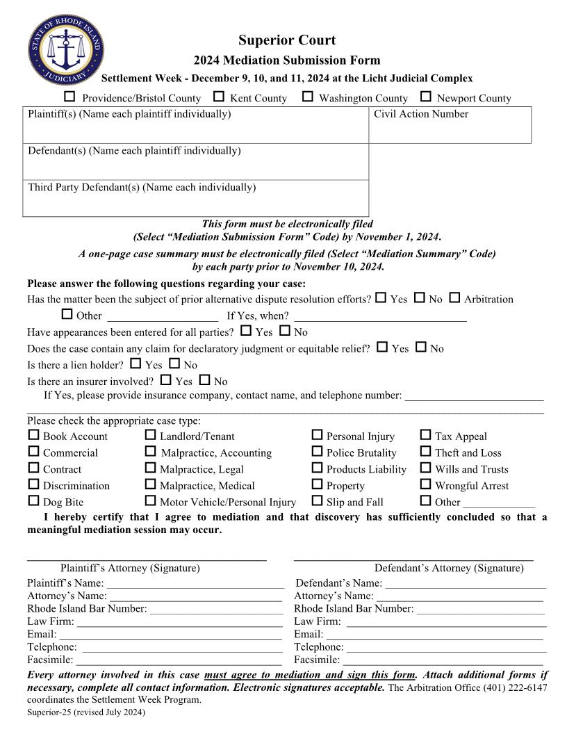 Mediation Submission Form {Superior-25} | Pdf Fpdf Docx | Rhode Island
