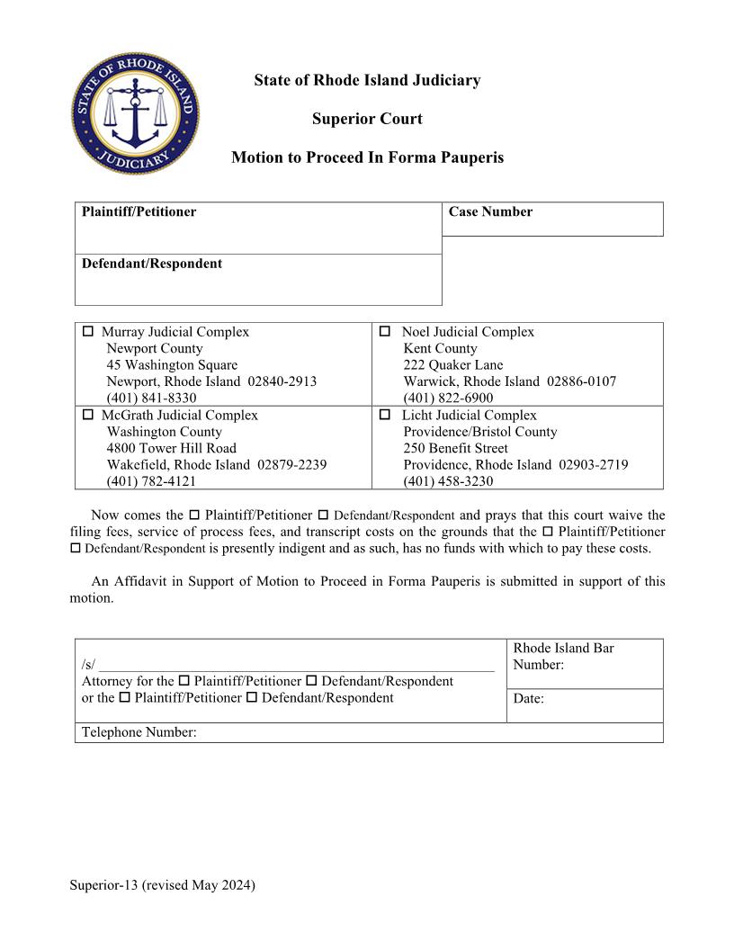 Motion To Proceed In Forma Pauperis {Superior-13} | Pdf Fpdf Docx | Rhode Island