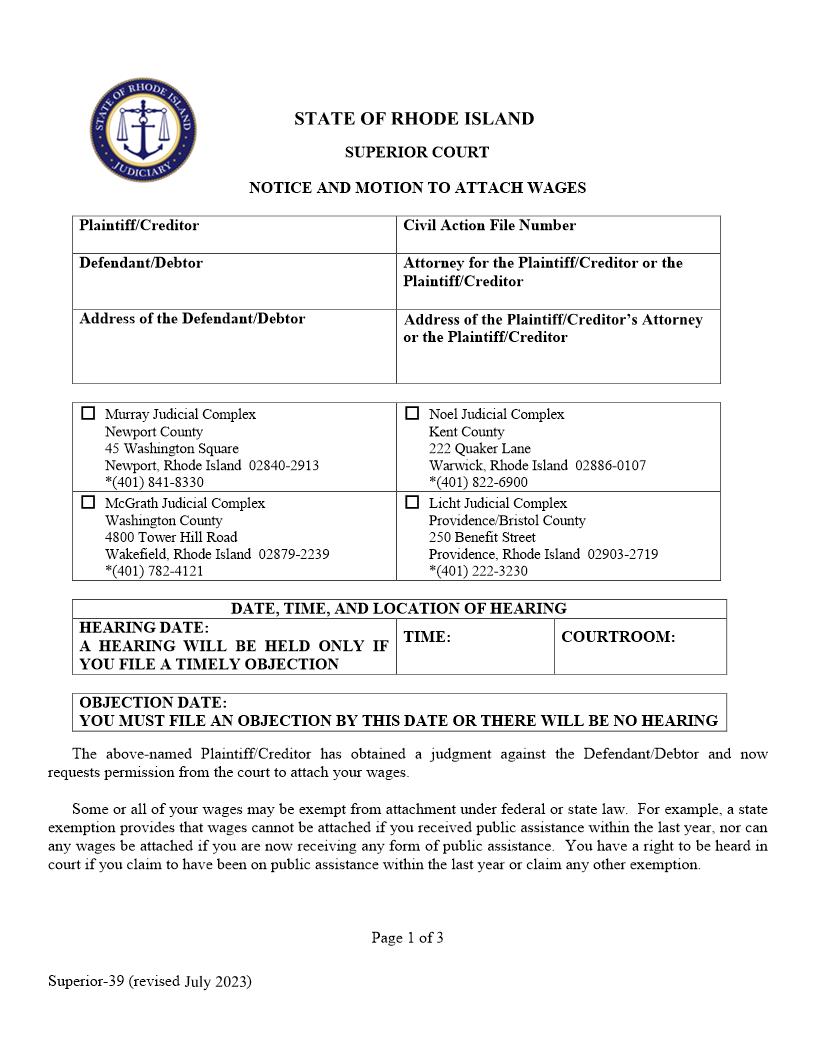 Notice And Motion to Attach Wages {Superior-39} | Pdf Fpdf Doc Docx | Rhode Island