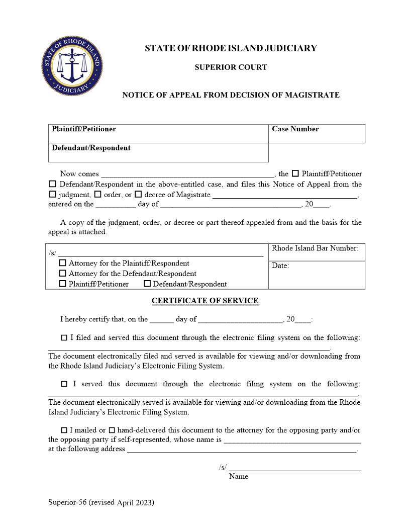 Notice Of Appeal From Decision Of Magistrate {Superior-56} | Pdf Fpdf Docx | Rhode Island