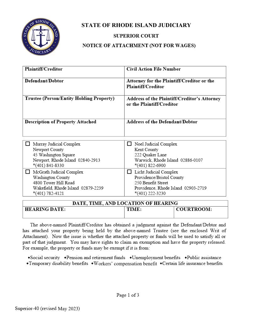 Notice Of Attachment (Not For Wages) {Superior-40} | Pdf Fpdf Doc Docx | Rhode Island