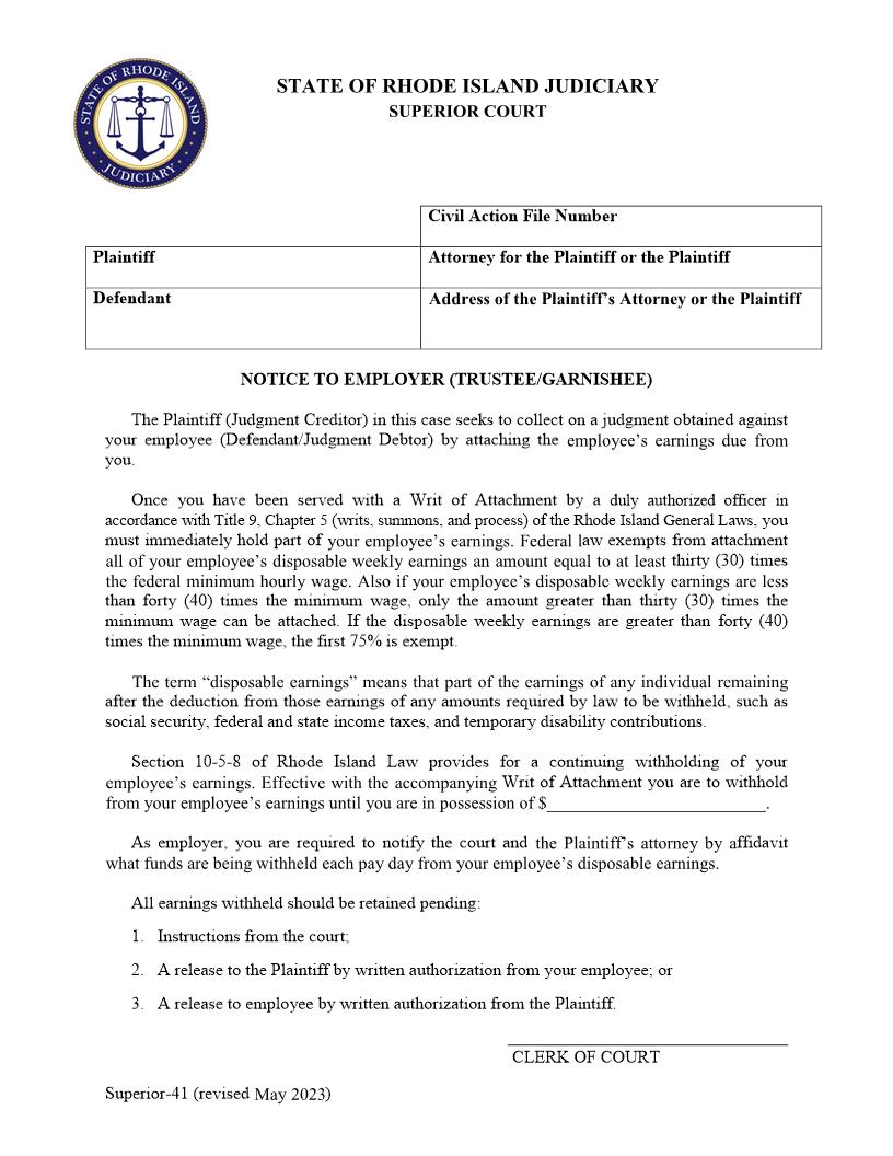 Notice To Employer (Trustee-Garnishee) {Superior-41} | Pdf Fpdf Doc Docx | Rhode Island