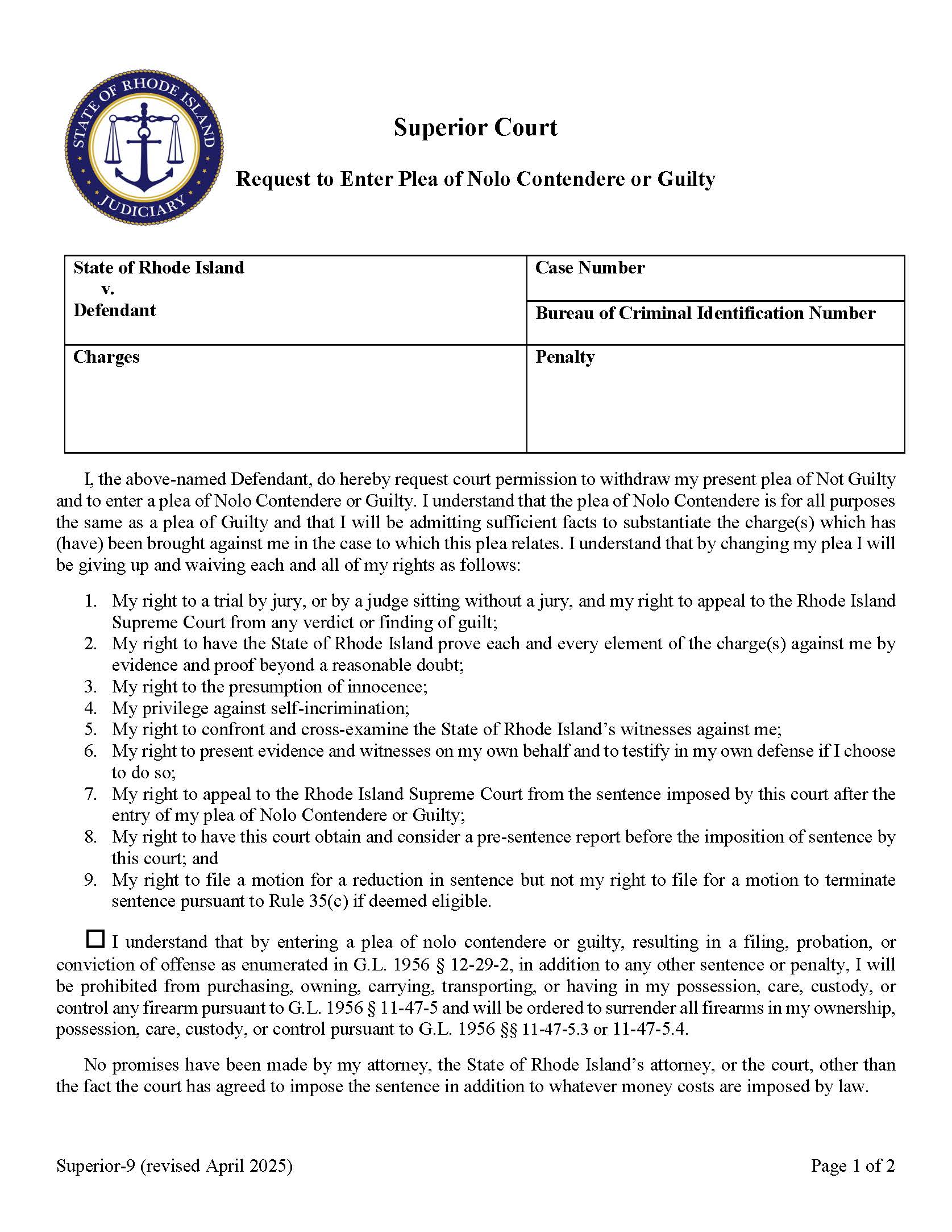 Request To Enter Plea Of Nolo Contendere Or Guilty {Superior-9} | Pdf Fpdf Docx | Rhode Island