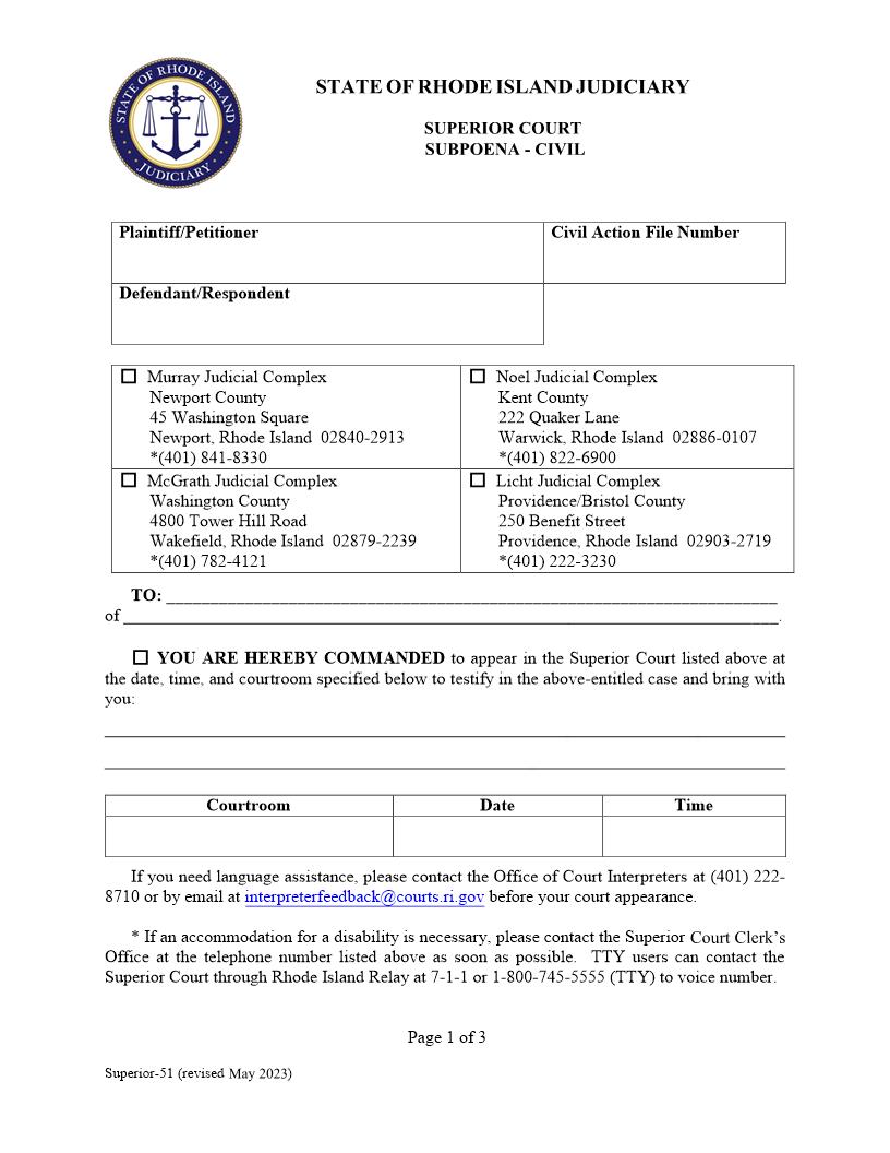 Subpoena-Civil {Superior-51} | Pdf Fpdf Doc Docx | Rhode Island