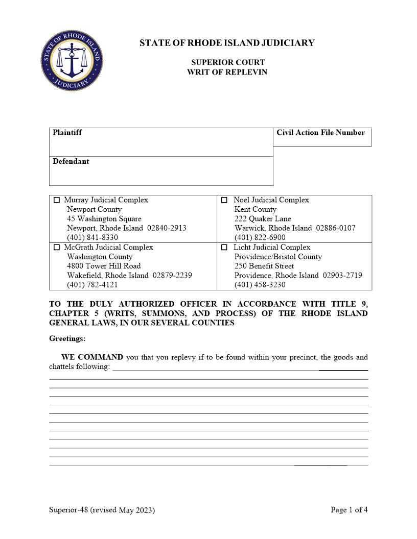 Writ Of Replevin {Superior-48} | Pdf Fpdf Doc Docx | Rhode Island
