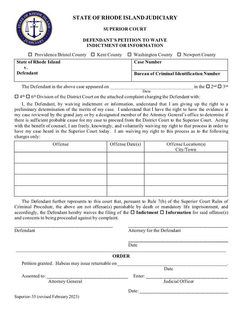 Defendants Petition To Waive Indictment Or Information {Superior-35} | Pdf Fpdf Doc Docx | Rhode Island