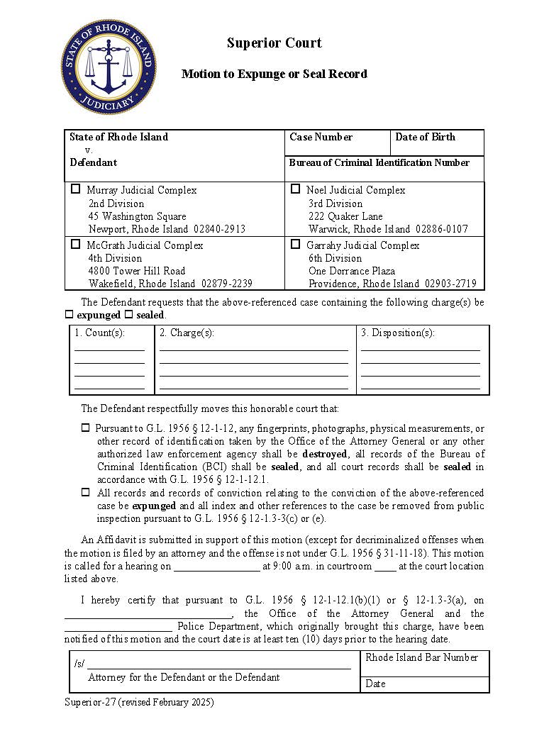 Motion To Expunge Or Seal Record - Misdemeanor {Superior-27} | Pdf Fpdf Doc Docx | Rhode Island