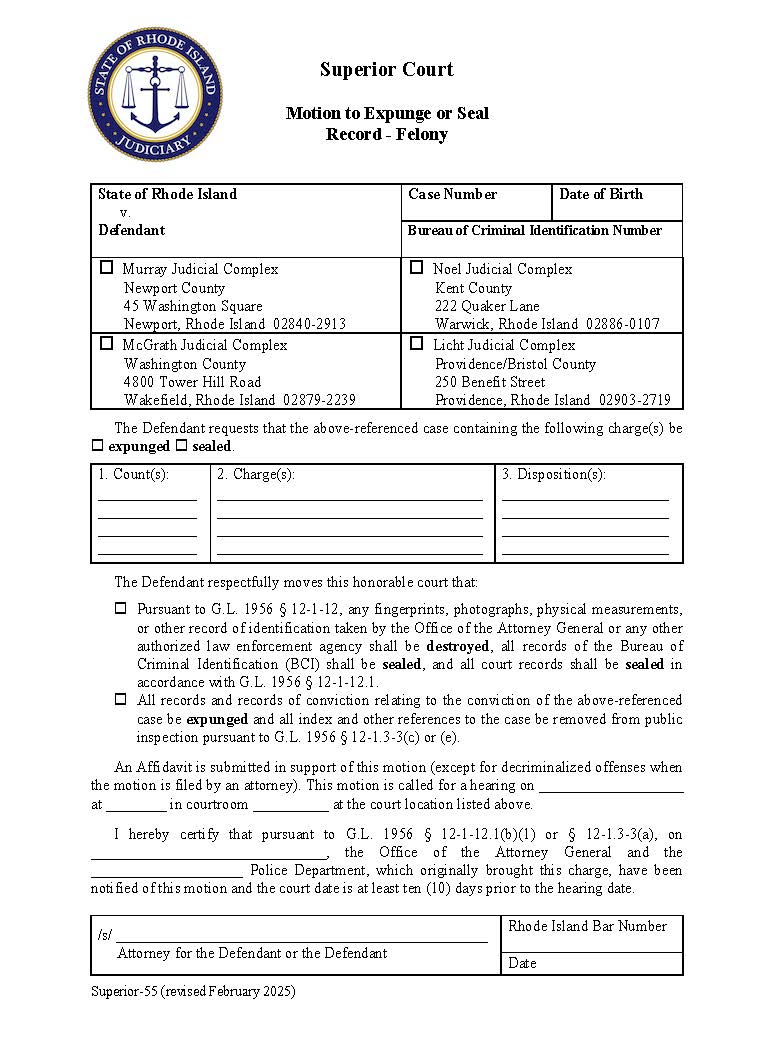 Motion To Expunge Or Seal Record Felony {Superior-55} | Pdf Fpdf Docx | Rhode Island