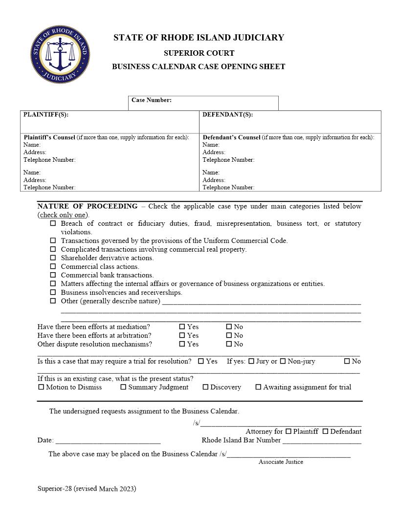 Business Calendar Case Opening Sheet {Superior-28} | Pdf Fpdf Doc Docx | Rhode Island
