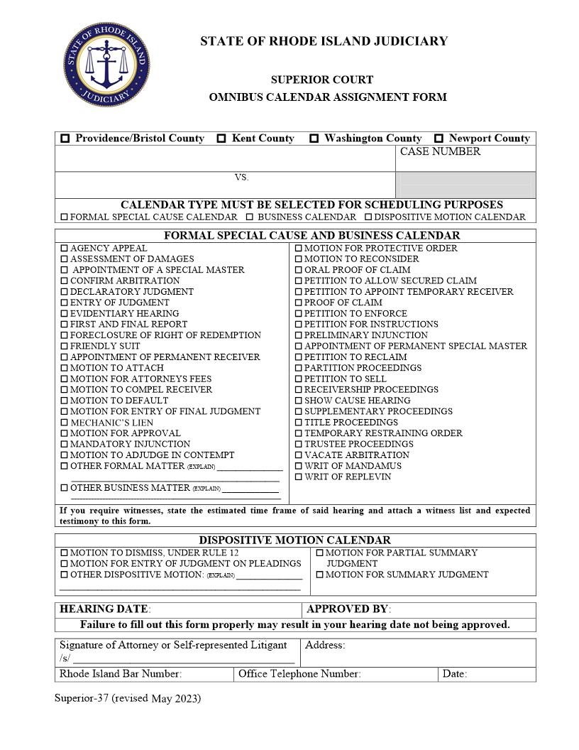 Omnibus Calendar Assignment Form {Superior-37} | Pdf Fpdf Doc Docx | Rhode Island