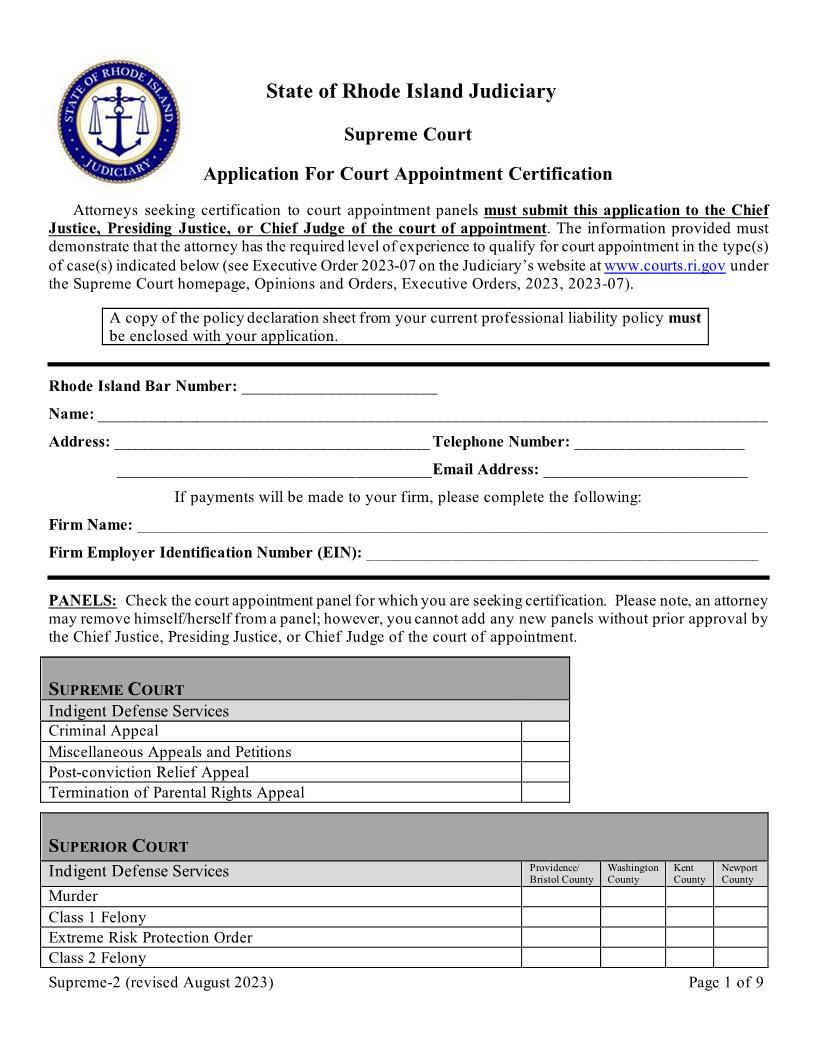 Application For Court Appointment Certification {Supreme-2} | Pdf Fpdf Docx | Rhode Island