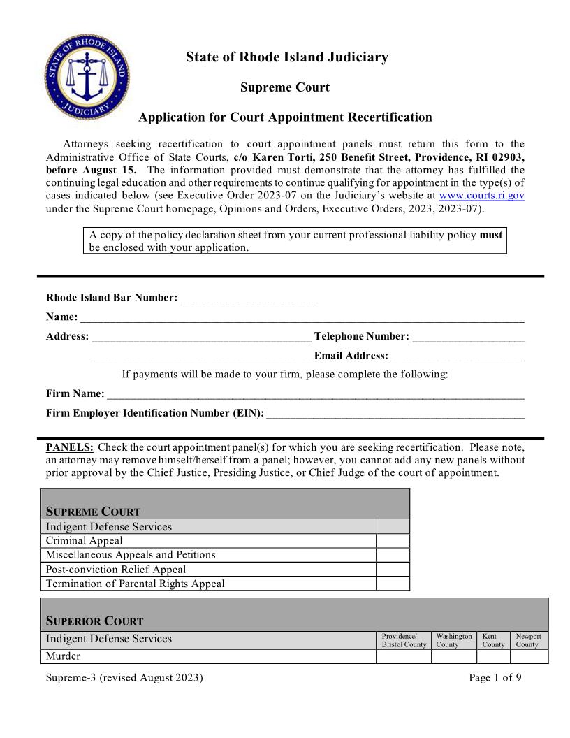 Application For Court Appointment Recertification {Supreme-3} | Pdf Fpdf Doc Docx | Rhode Island