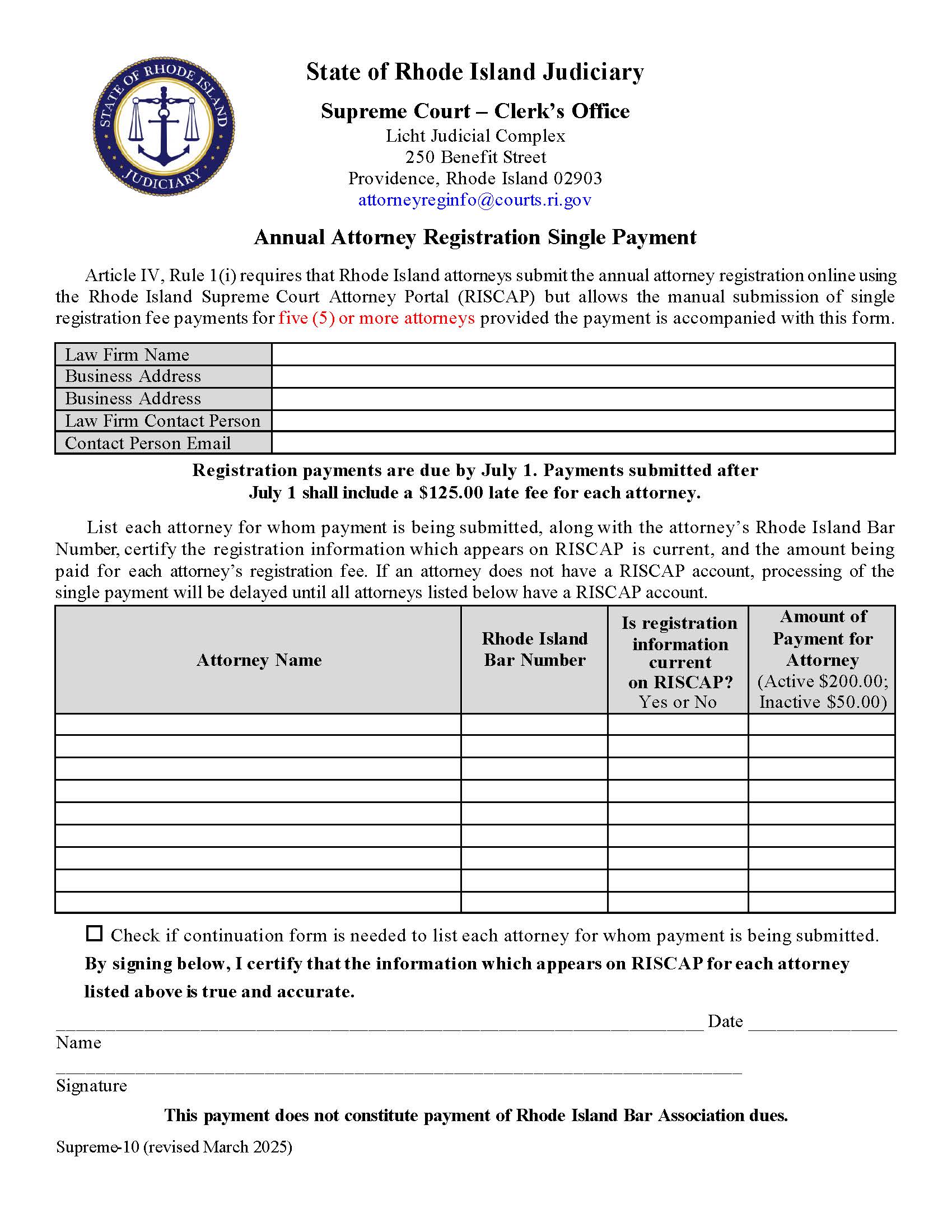 Annual Attorney Registration Single Payment Form {Supreme-10} | Pdf Fpdf Doc Docx | Rhode Island
