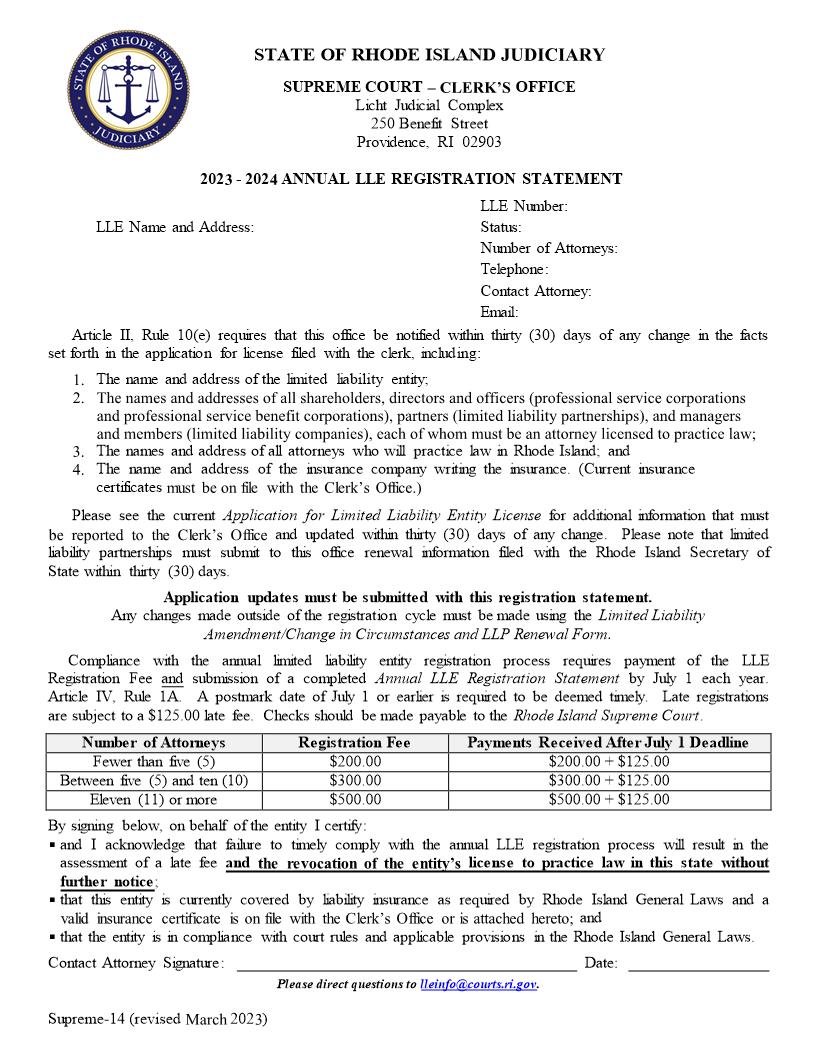 Annual Limited Liability Entity Registration Statement {Supreme-14} | Pdf Fpdf Doc Docx | Rhode Island