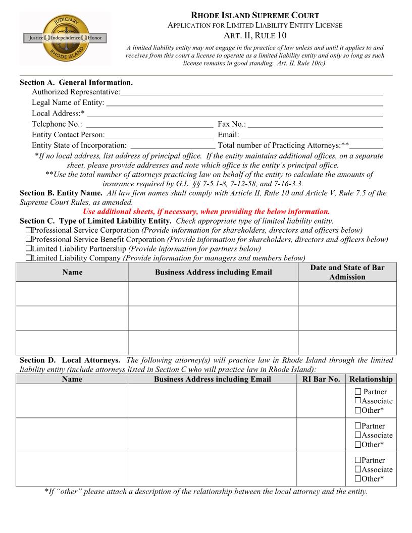 Application For Limited Liability Entity License | Pdf Fpdf Doc Docx | Rhode Island