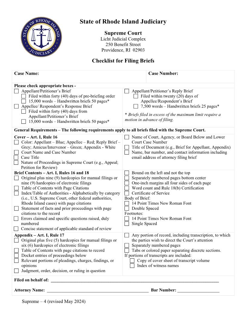 Checklist For Filing Briefs {Supreme-4} | Pdf Fpdf Doc Docx | Rhode Island