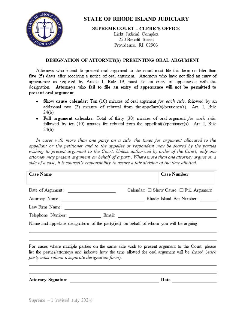 Designation Of Attorney(s) Presenting Oral Argument {Supreme-1} | Pdf Fpdf Doc Docx | Rhode Island