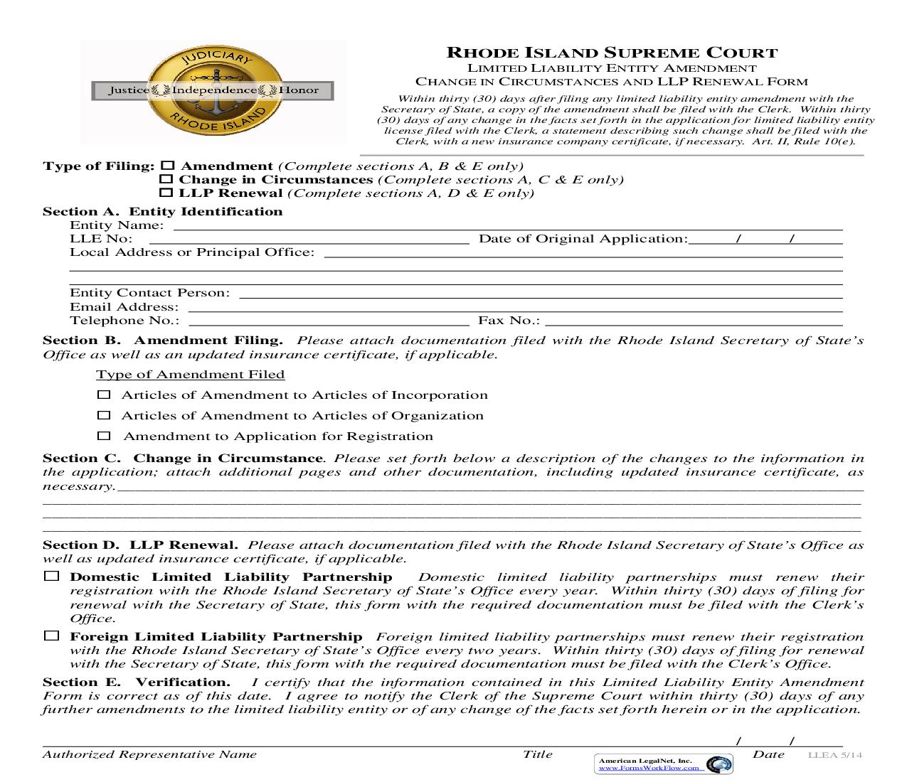 Limited Liability Entity Amendment Change In Circumstances And LLP Renewal | Pdf Fpdf Doc Docx | Rhode Island