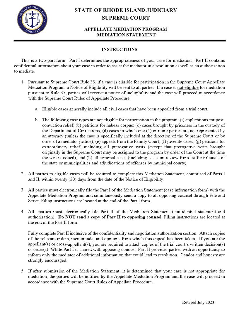 Mediation Eligibility Form And Confidential Mediation Statement | Pdf Fpdf Doc Docx | Rhode Island