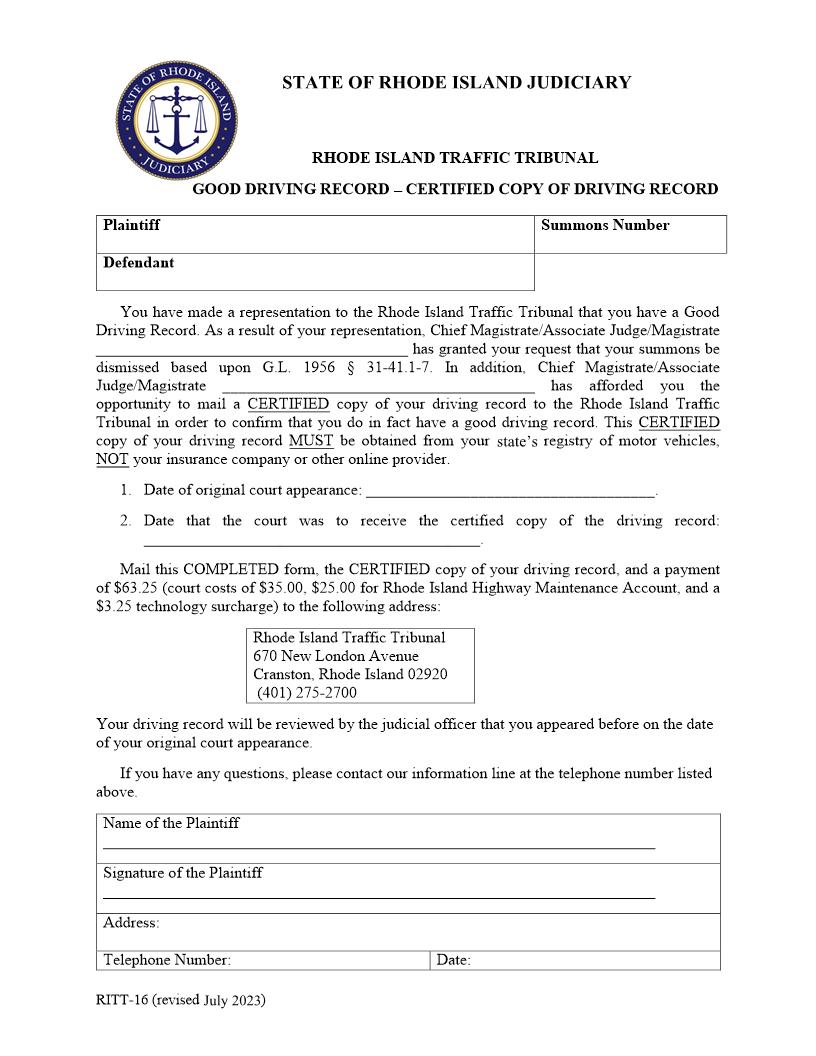 Good Driving Record – Certified Copy of Driving Record {RITT-16} | Pdf Fpdf Docx | Rhode Island