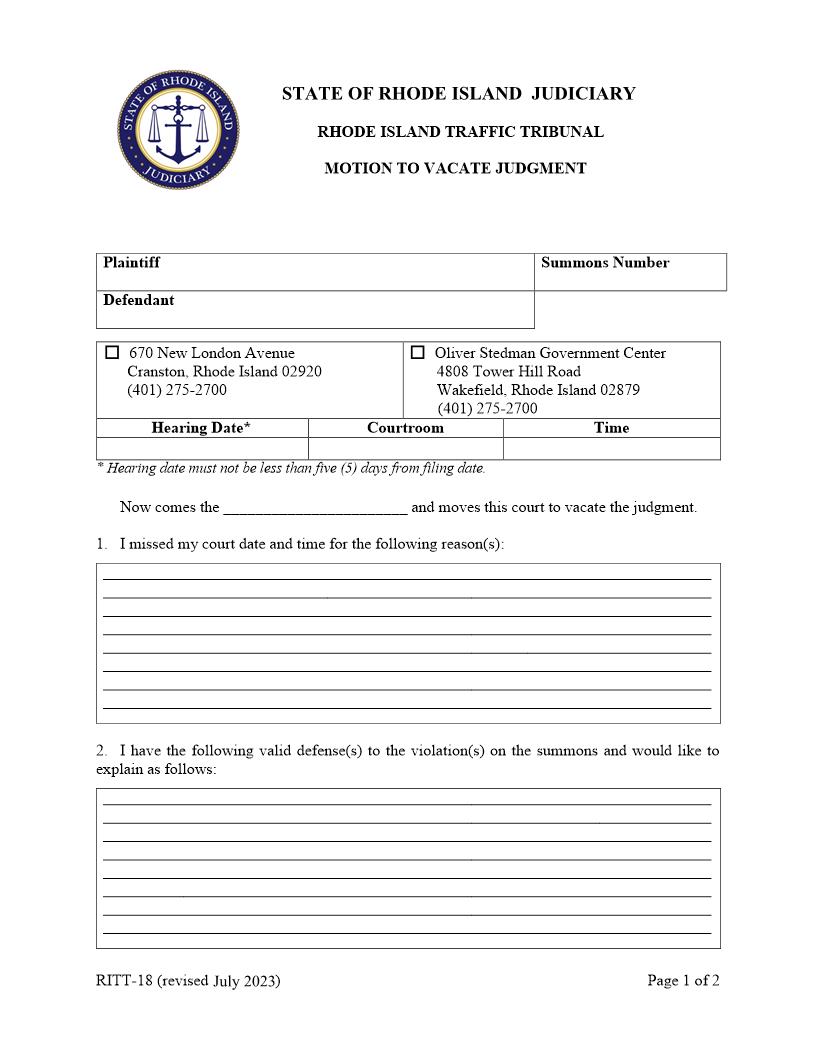 Motion to Vacate Judgment {RITT-18} | Pdf Fpdf Docx | Rhode Island