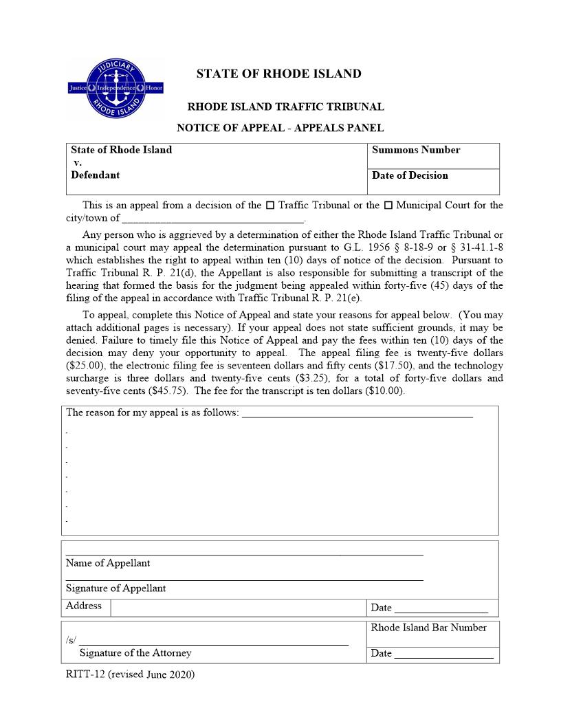 Notice of Appeal - Appeals Panel {RITT-12} | Pdf Fpdf Docx | Rhode Island
