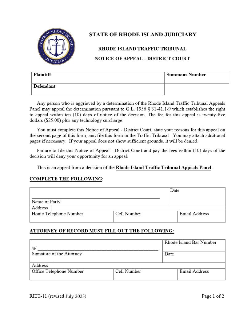 Notice of Appeal - District Court {RITT-11} | Pdf Fpdf Docx | Rhode Island